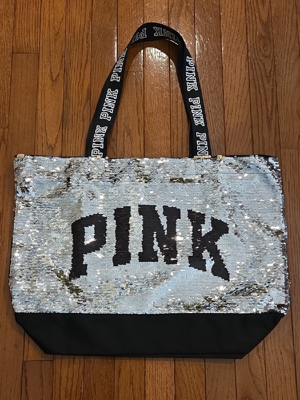 PINK Sequin Tote with Black Logo and Straps